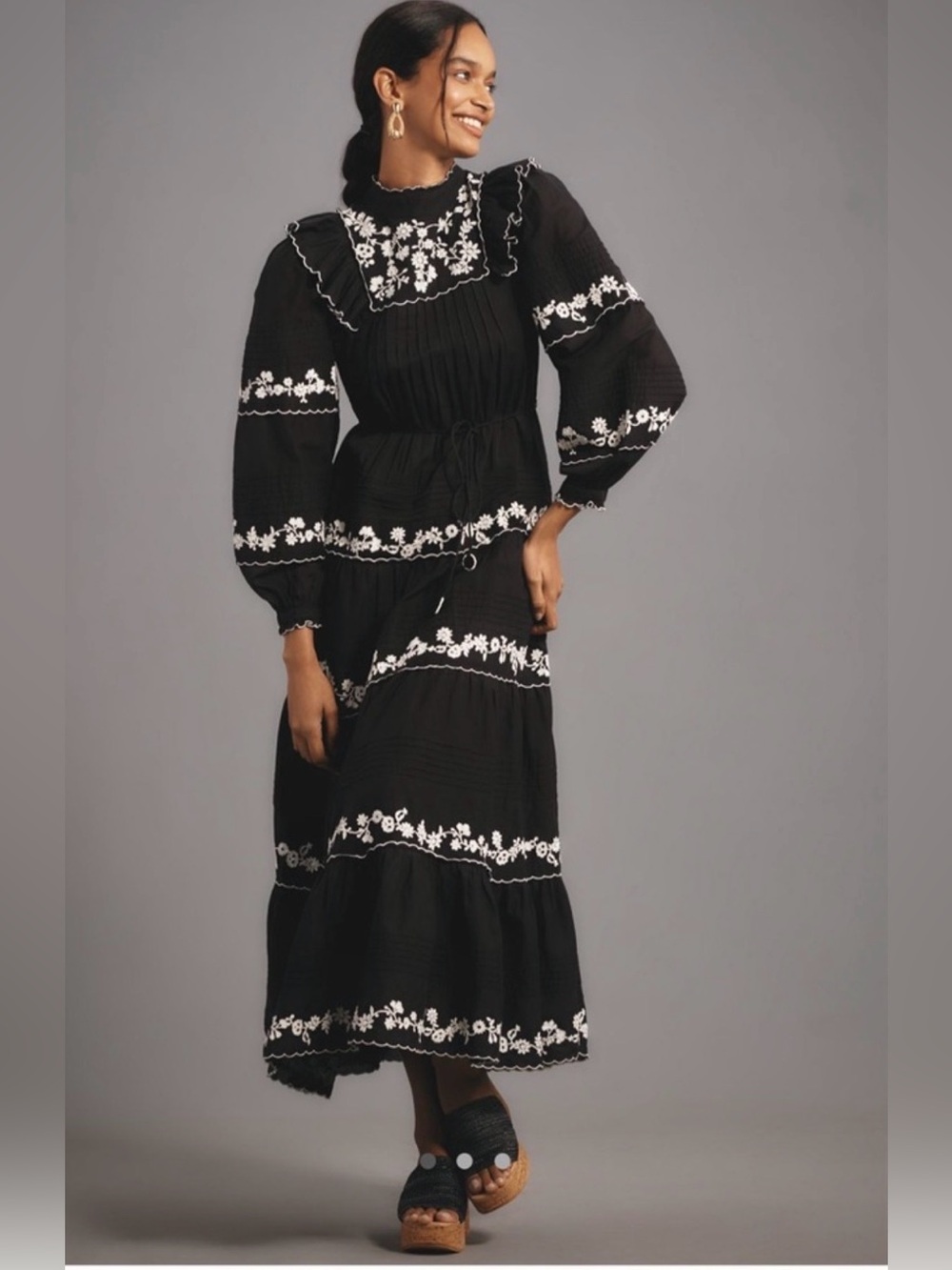 FARM Rio Smocked Black Maxi Dress with White Floral Embroidery